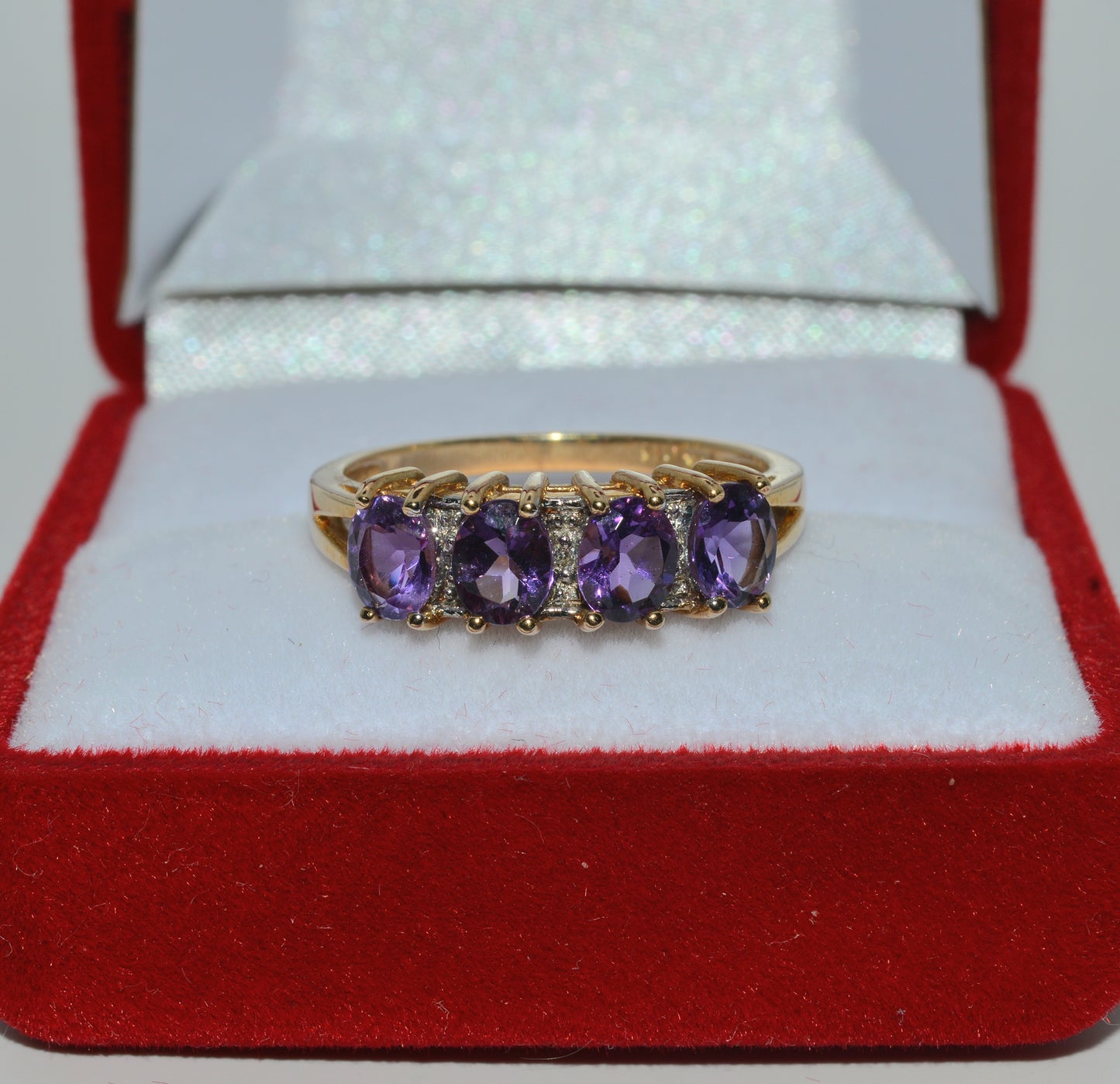 9ct Gold - Amethyst & Diamond 4 Stone Ring top