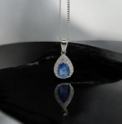 14ct White Gold - Pear Cut Sapphire & Diamond Pendant top down