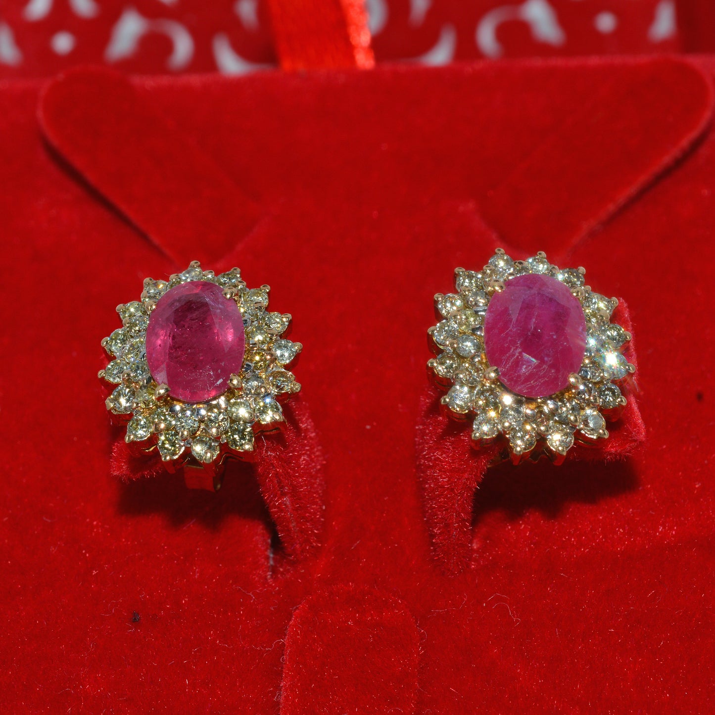 18ct Gold - Ruby & Double Row Diamond Earrings bottom up