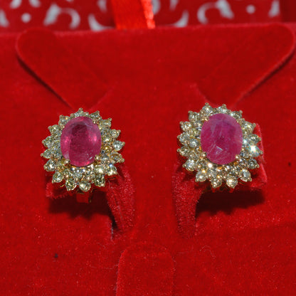 18ct Gold - Ruby & Double Row Diamond Earrings bottom up