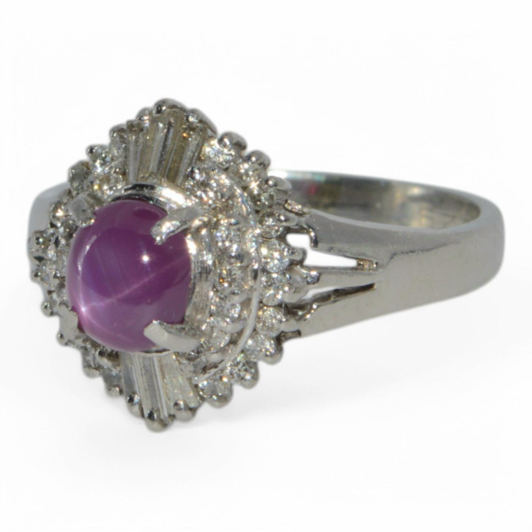 Platinum - 6 Ray Star Ruby & Diamond Cluster Ring left