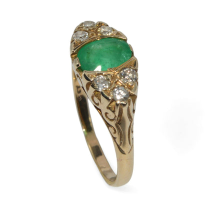 9ct Gold - Emerald & Diamond Antique Style Ring tilted upright