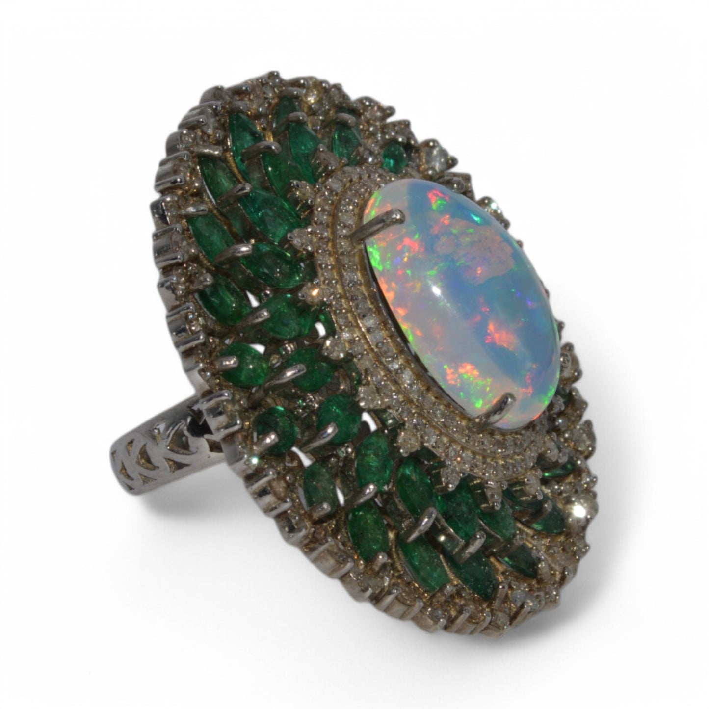 Silver - Opal, Emerald & Diamond Cocktail Ring, 925 Handmade right