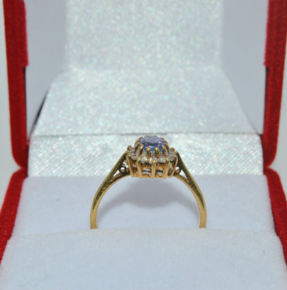 Vintage 1987 - 18ct Gold - Tanzanite & Diamond Cluster Ring upright