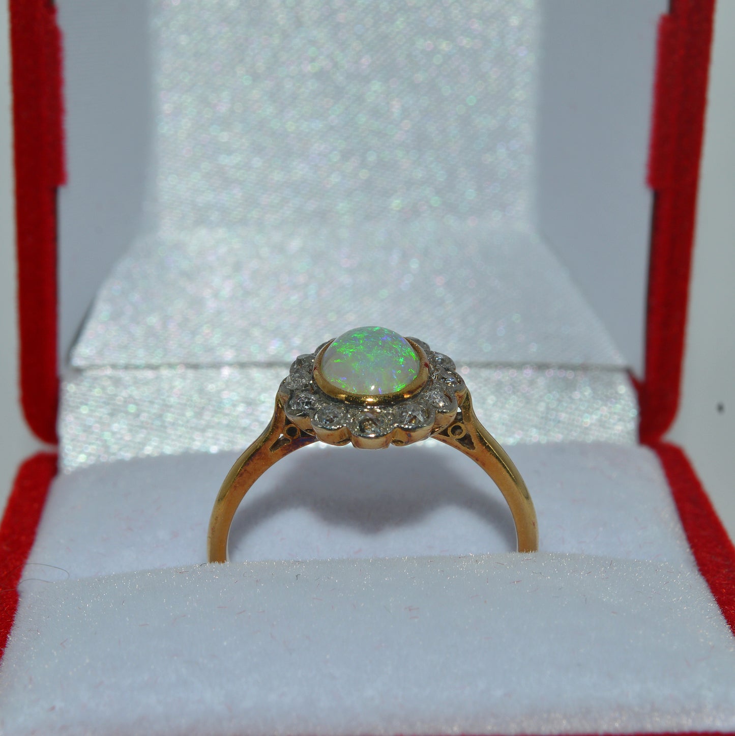 19th Century - 18ct Gold Opal & Diamond Cluster Ring upright 