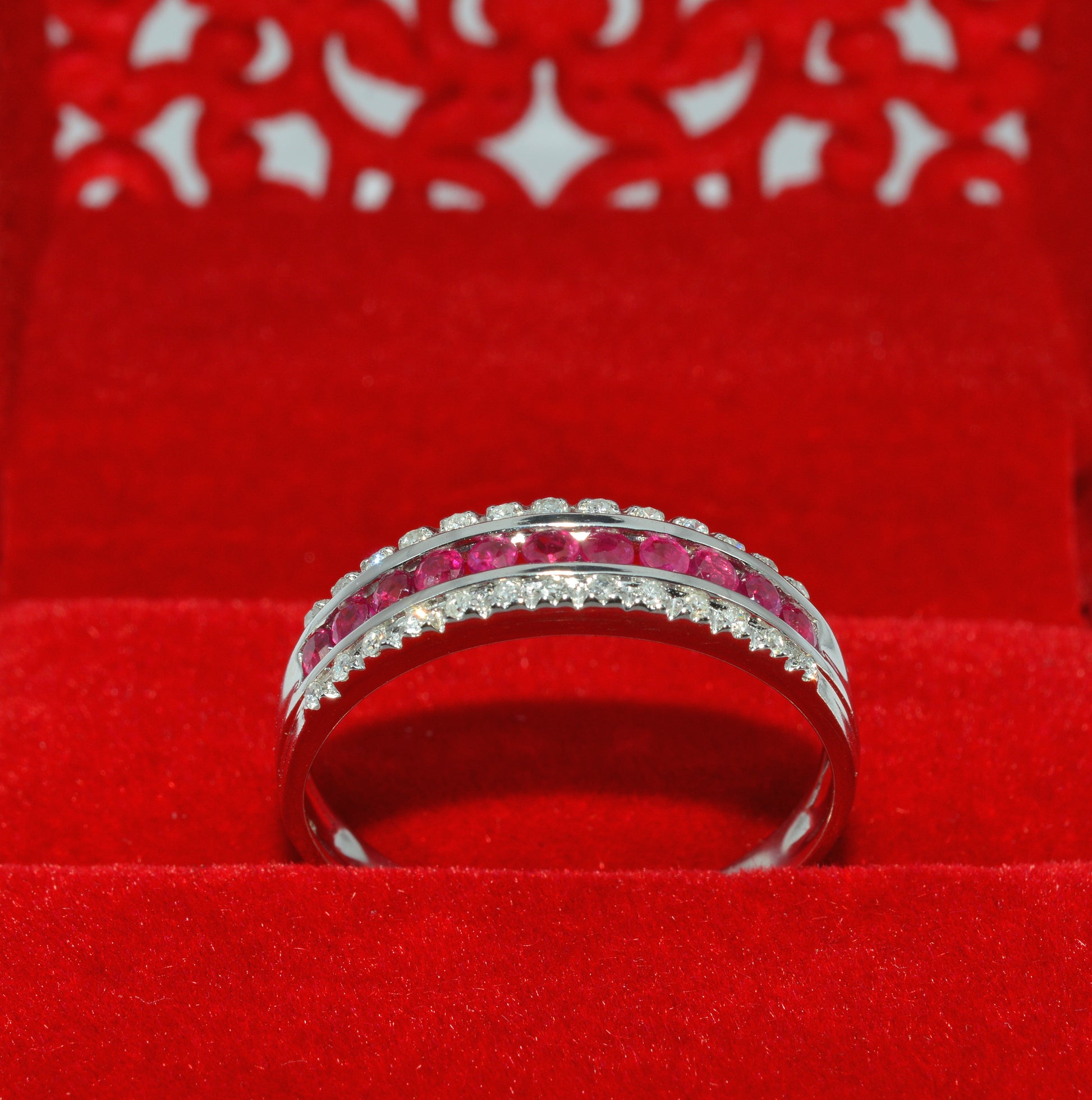 9ct White Gold - Ruby & Diamond Half Eternity Ring upright front