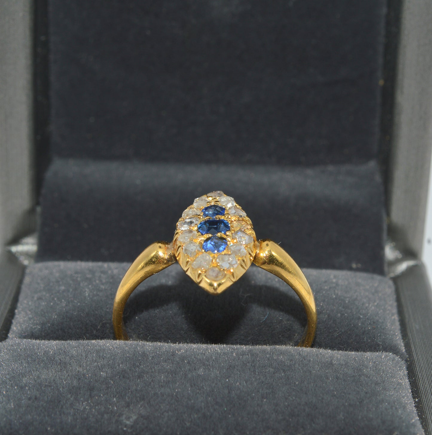 19th Century - 18ct Gold Sapphire & Diamond Navette Ring upright