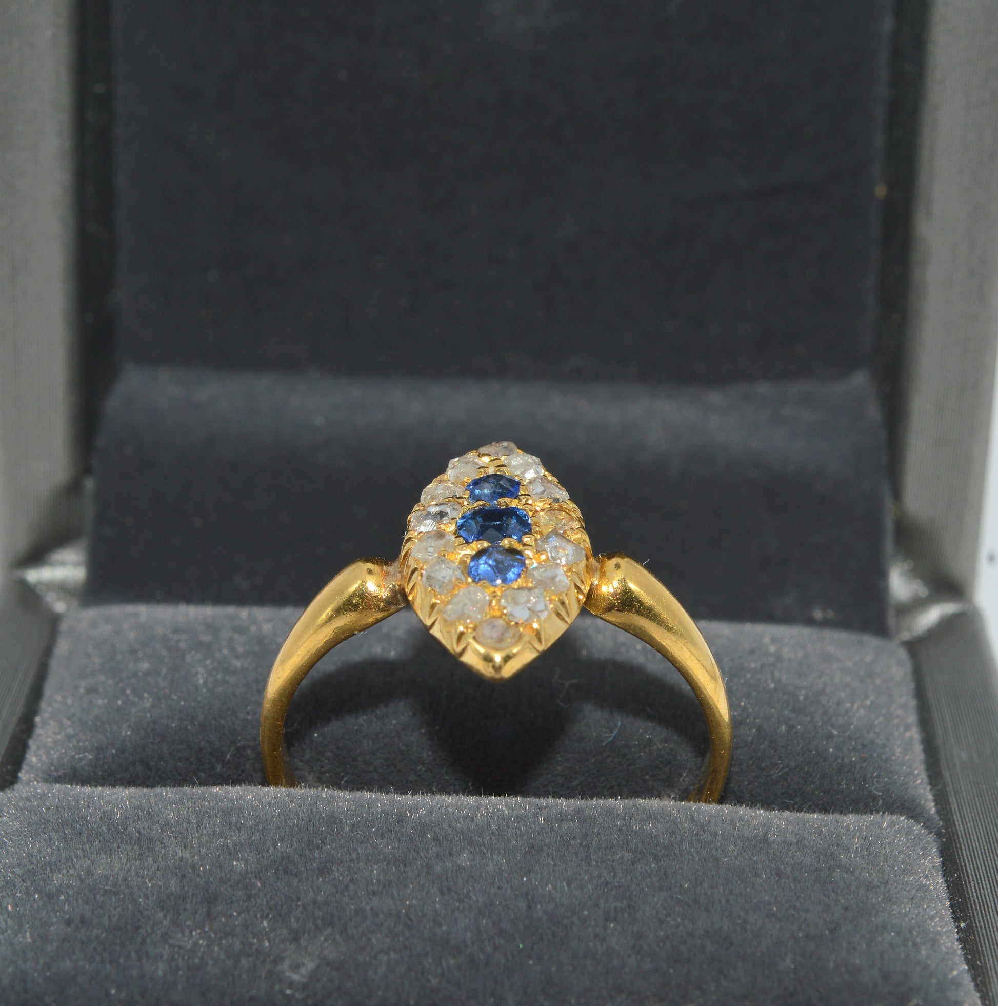 19th Century - 18ct Gold Sapphire & Diamond Navette Ring upright