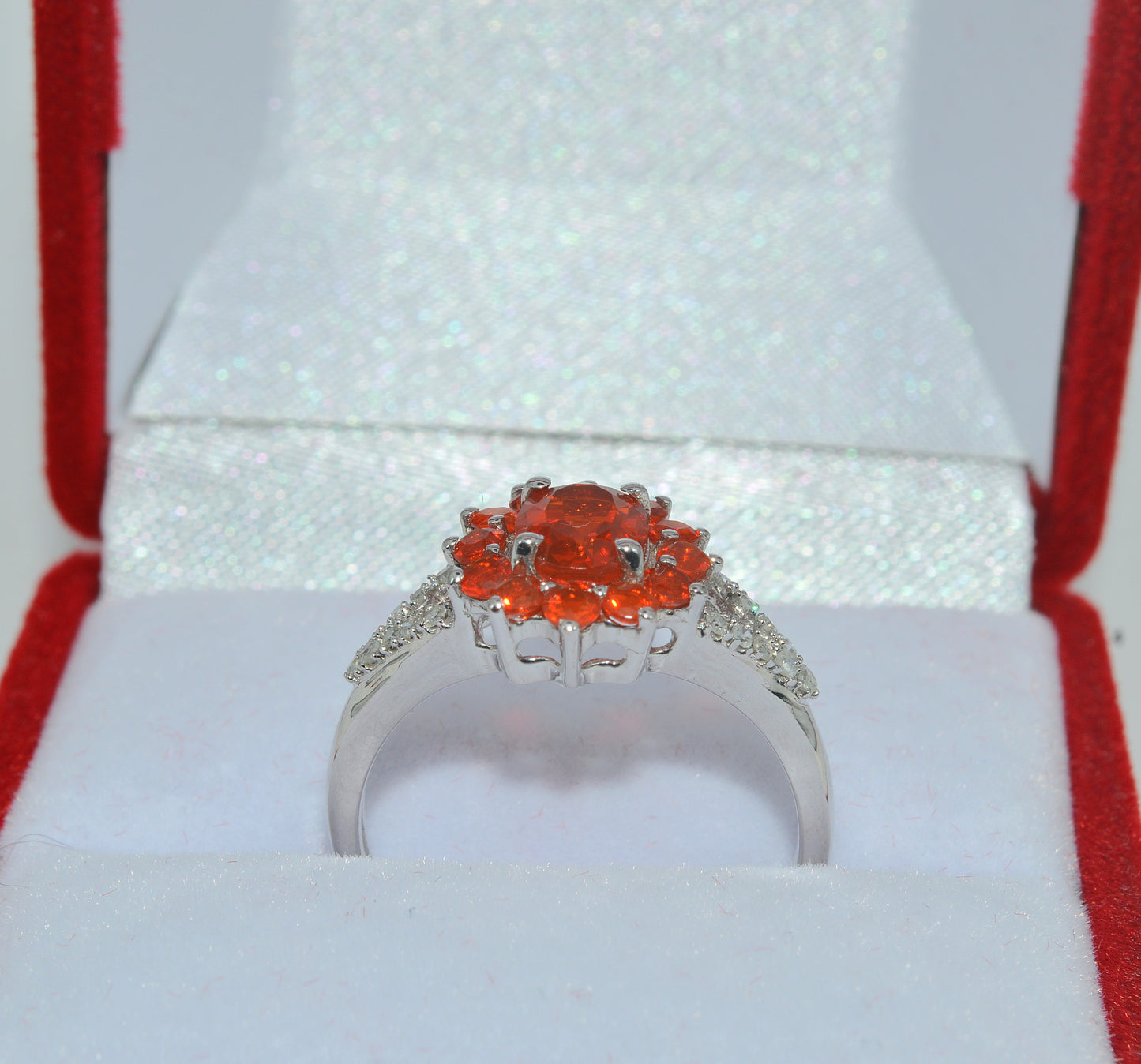 9ct White Gold - Fire Opal & Diamond Ring upright