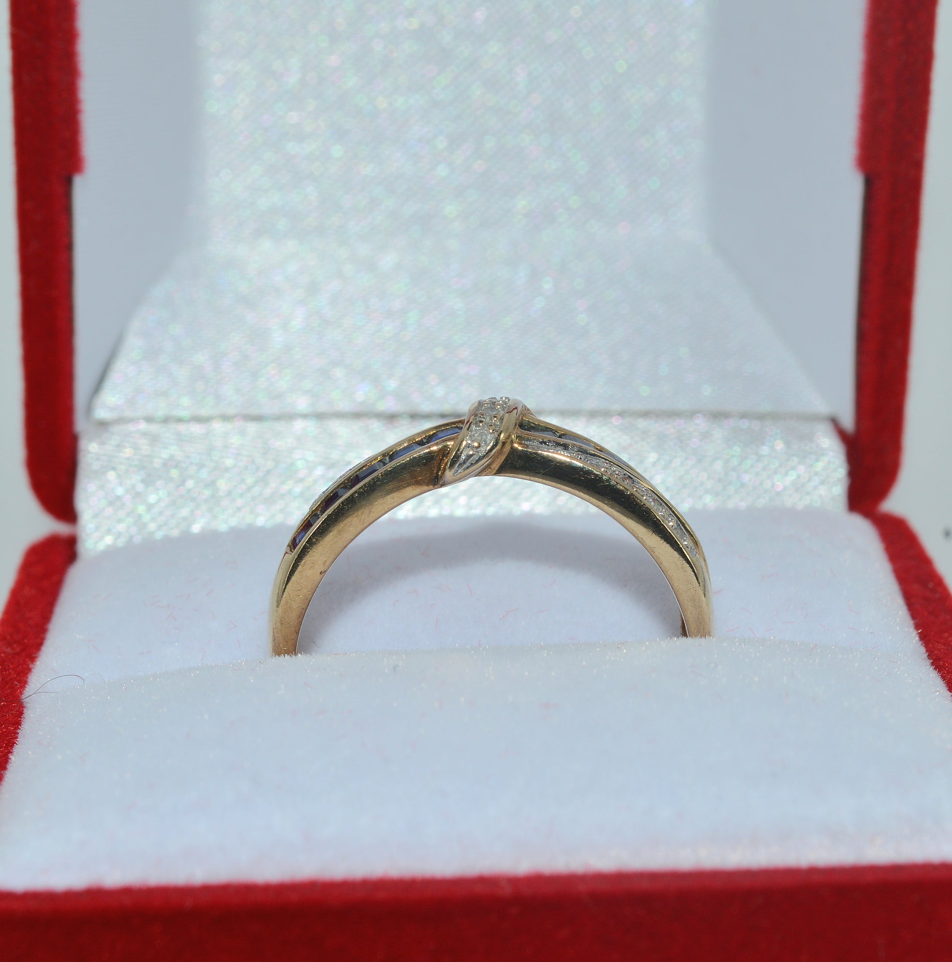 9ct Gold - Sapphire & Diamond Crossover Ring upright front