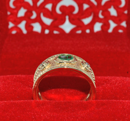 9ct Gold - Emerald & Diamond Byzantine style Ring upright front