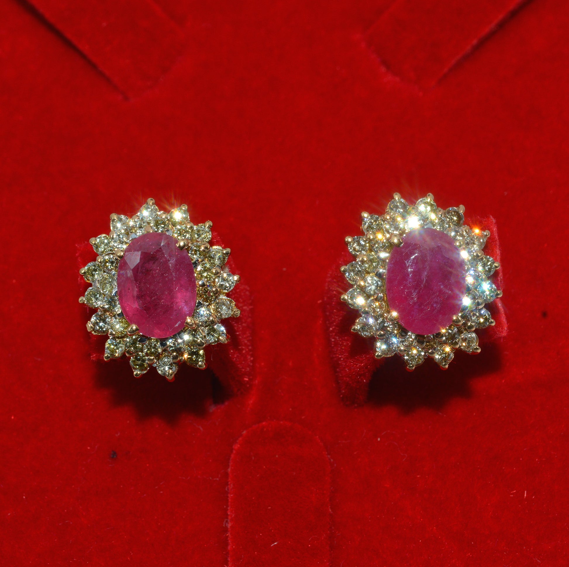 18ct Gold - Ruby & Double Row Diamond Earrings front 2