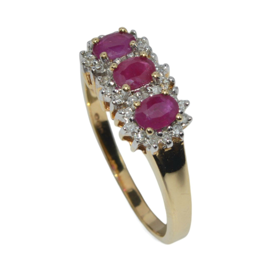 9ct Gold - Ruby & Diamond Trilogy Cluster Ring upright tilted