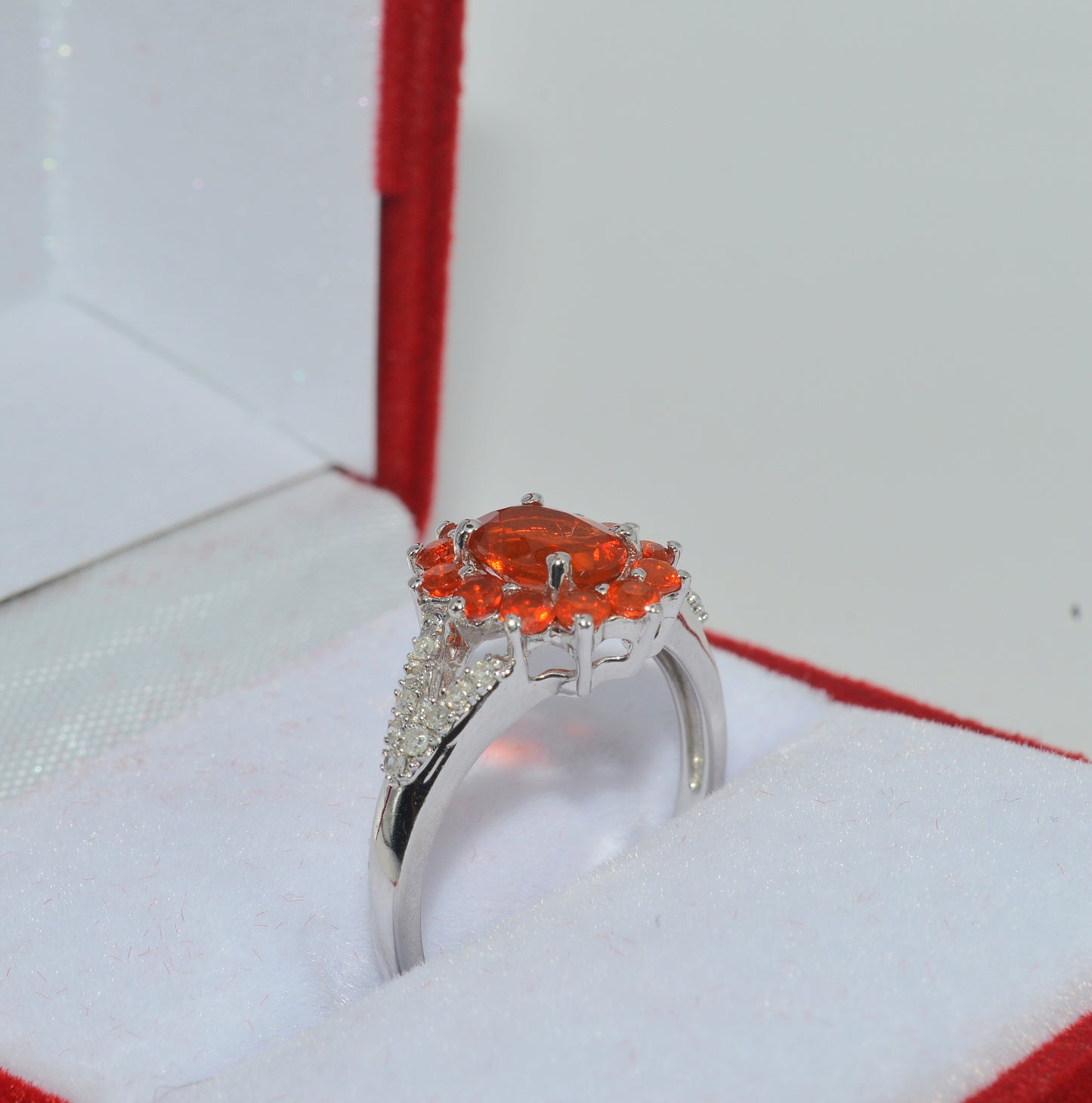 9ct White Gold - Fire Opal & Diamond Ring upright right