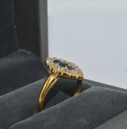 19th Century - 18ct Gold Sapphire & Diamond Navette Ring upright right