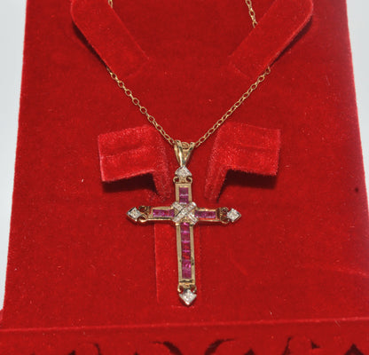 9ct Gold - Ruby & Diamond Cross Necklace front far