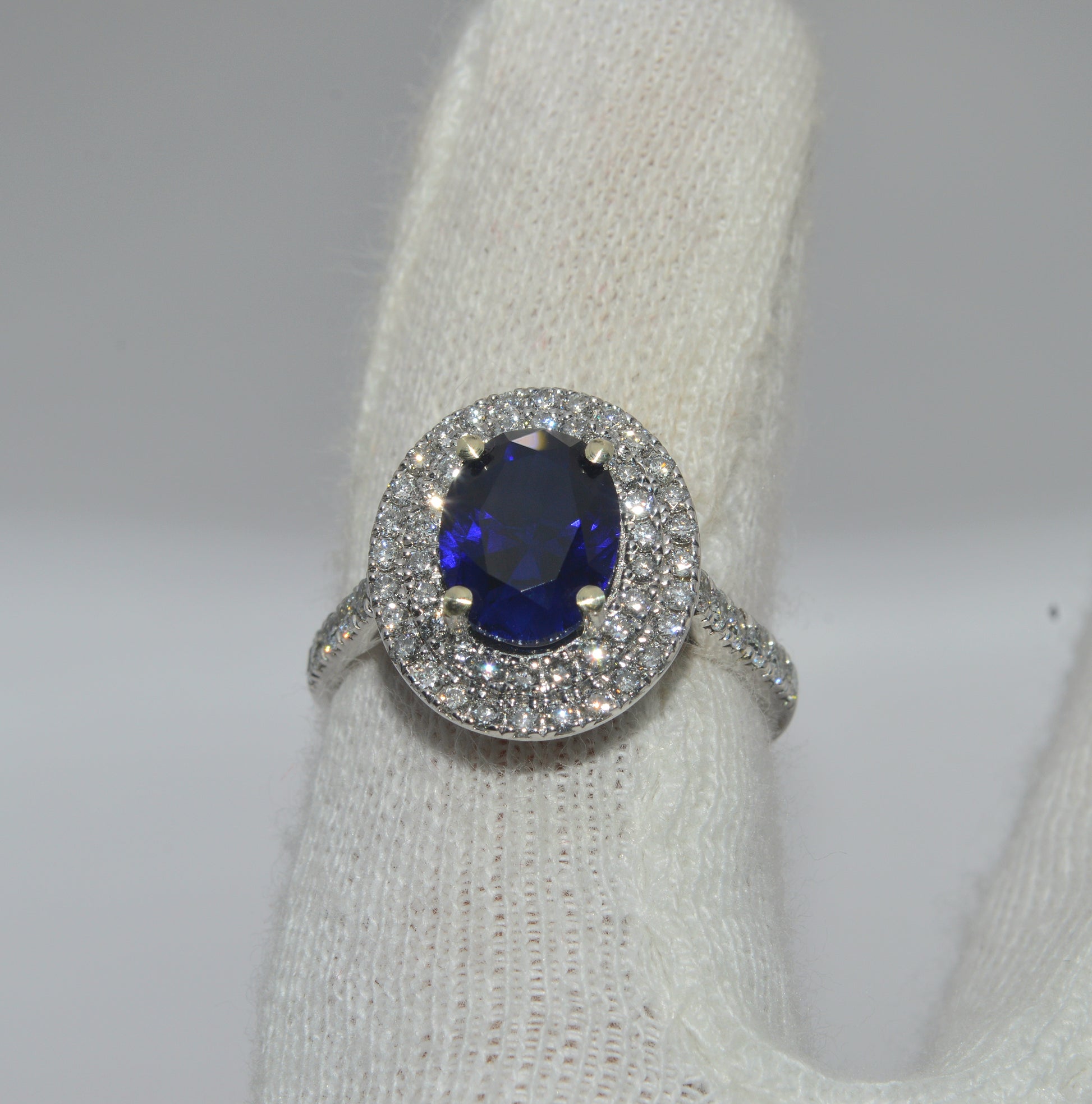 9ct White Gold - Sapphire & Diamond Double Row Cluster Ring finger 1