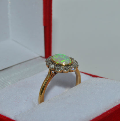 19th Century - 18ct Gold Opal & Diamond Cluster Ring upright right