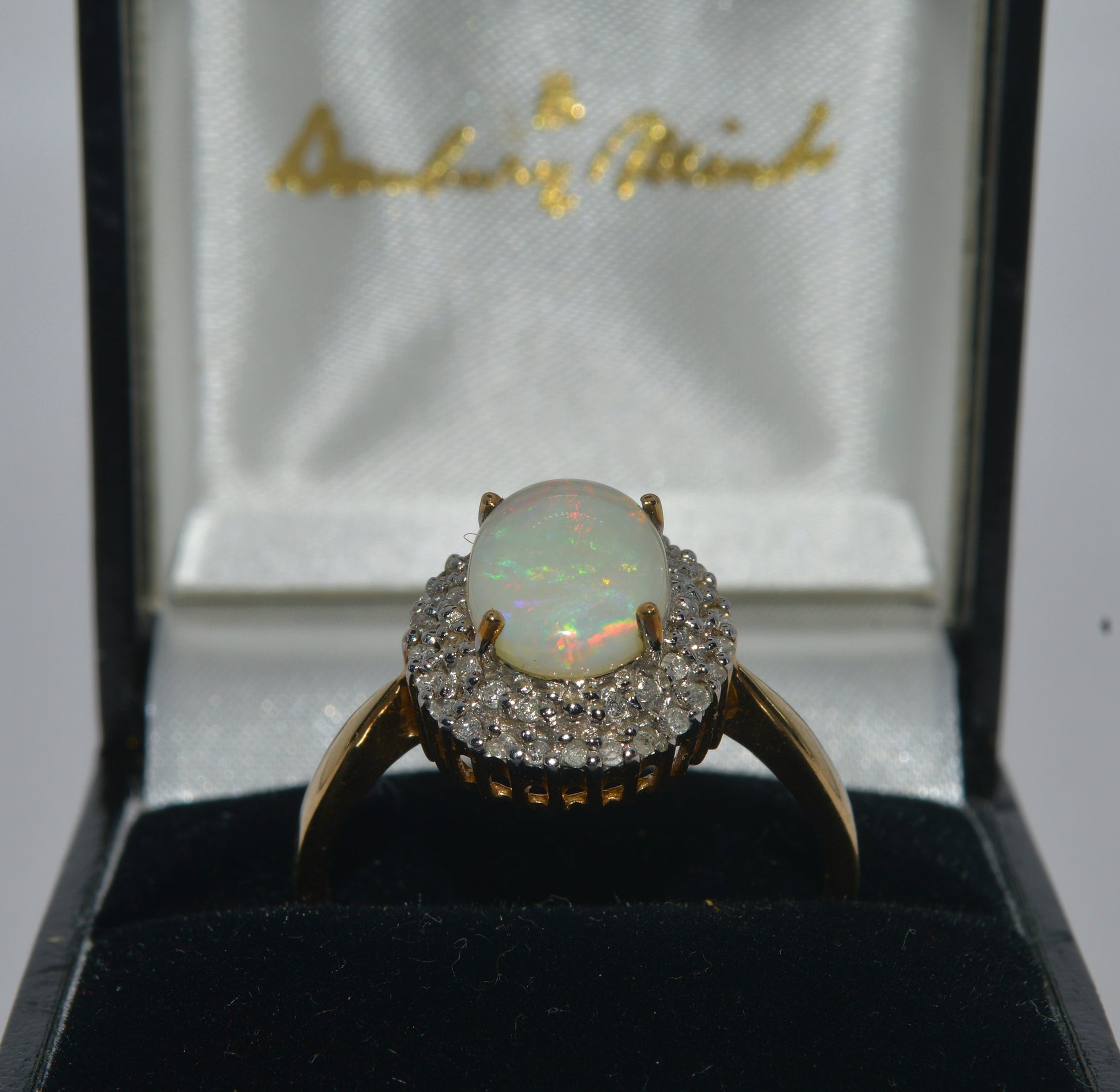 9ct Gold - Opal & Double Row Diamond Cluster Ring upright