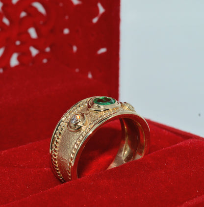 9ct Gold - Emerald & Diamond Byzantine style Ring upright right