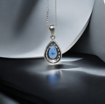 14ct White Gold - Pear Cut Sapphire & Diamond Pendant rear