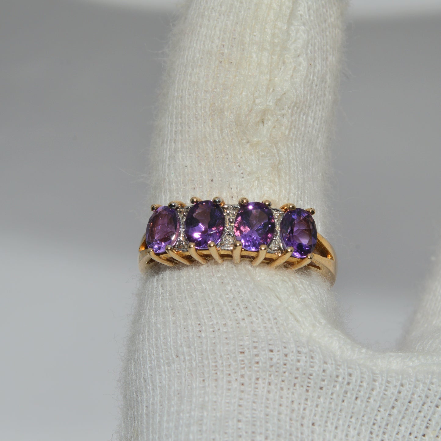 9ct Gold - Amethyst & Diamond 4 Stone Ring finger top down