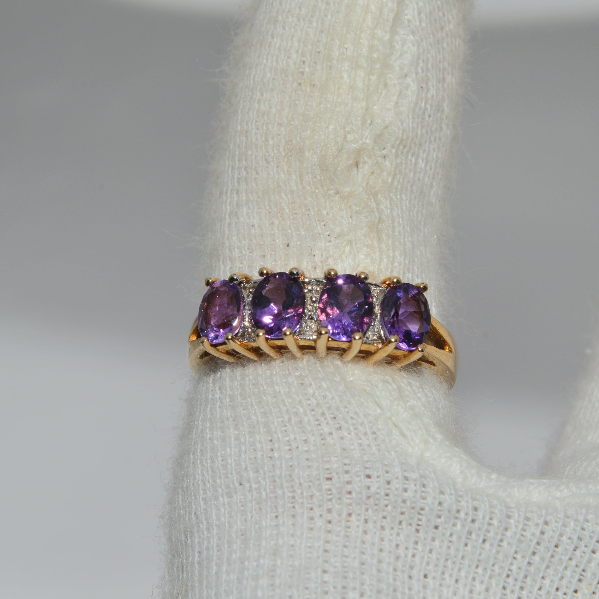 9ct Gold - Amethyst & Diamond 4 Stone Ring finger top down