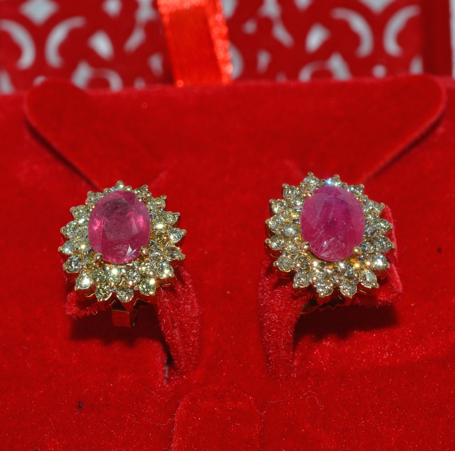 18ct Gold - Ruby & Double Row Diamond Earrings bottom up 2