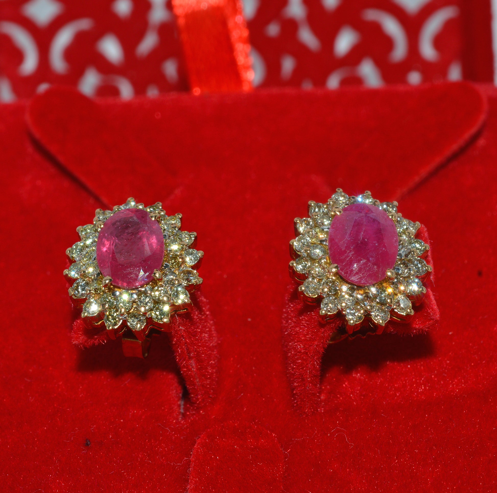 18ct Gold - Ruby & Double Row Diamond Earrings bottom up 2