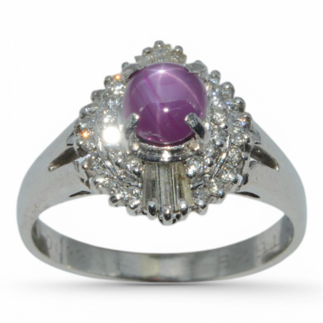 Platinum - 6 Ray Star Ruby & Diamond Cluster Ring upright