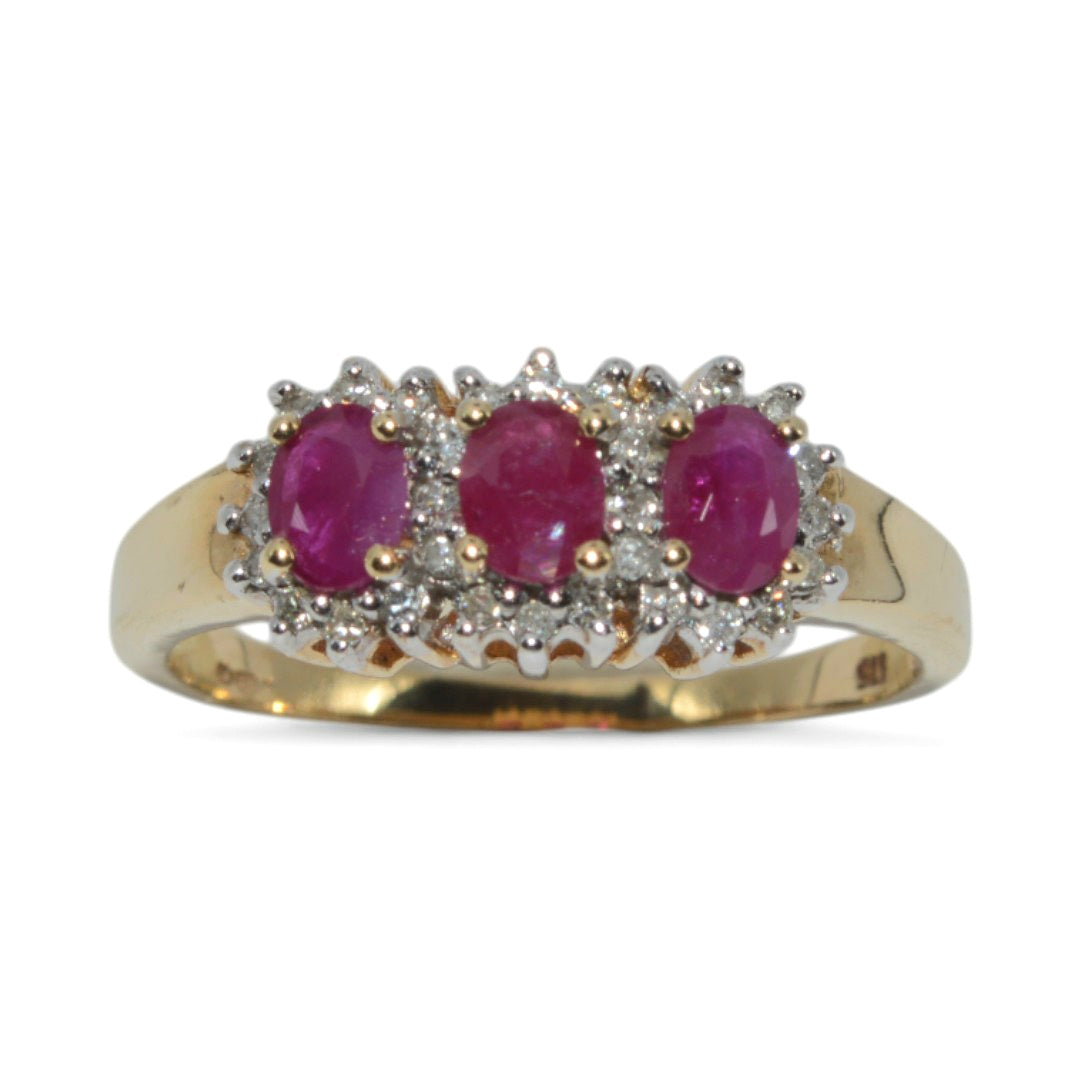 9ct Gold - Ruby & Diamond Trilogy Cluster Ring front upright