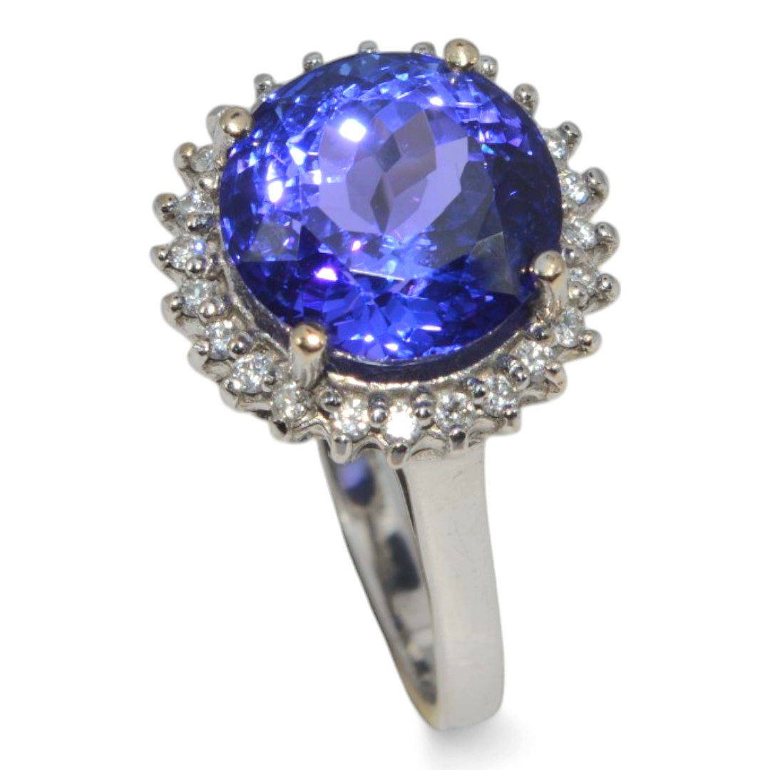 18ct White Gold - 4.5ct Tanzanite & Diamond Cluster Ring upright tilt