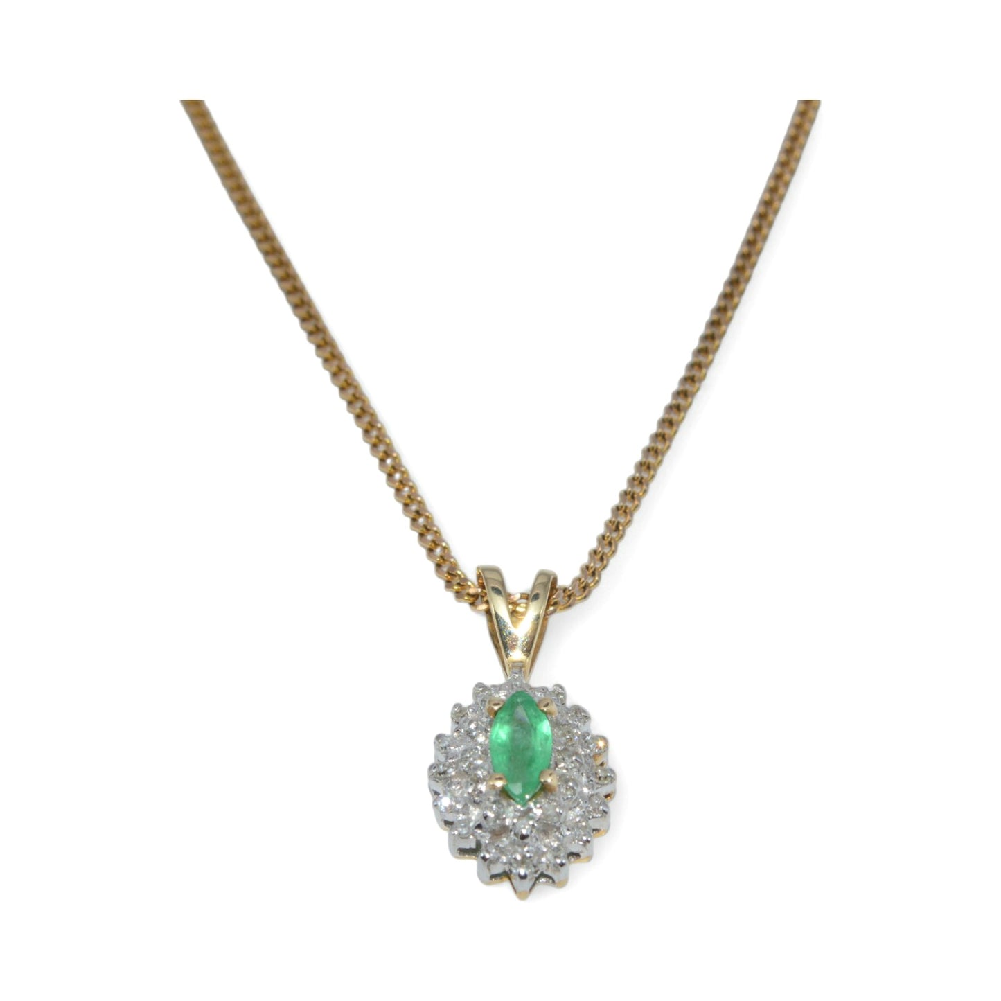 9ct Gold - Emerald & Diamond Cluster Necklace front