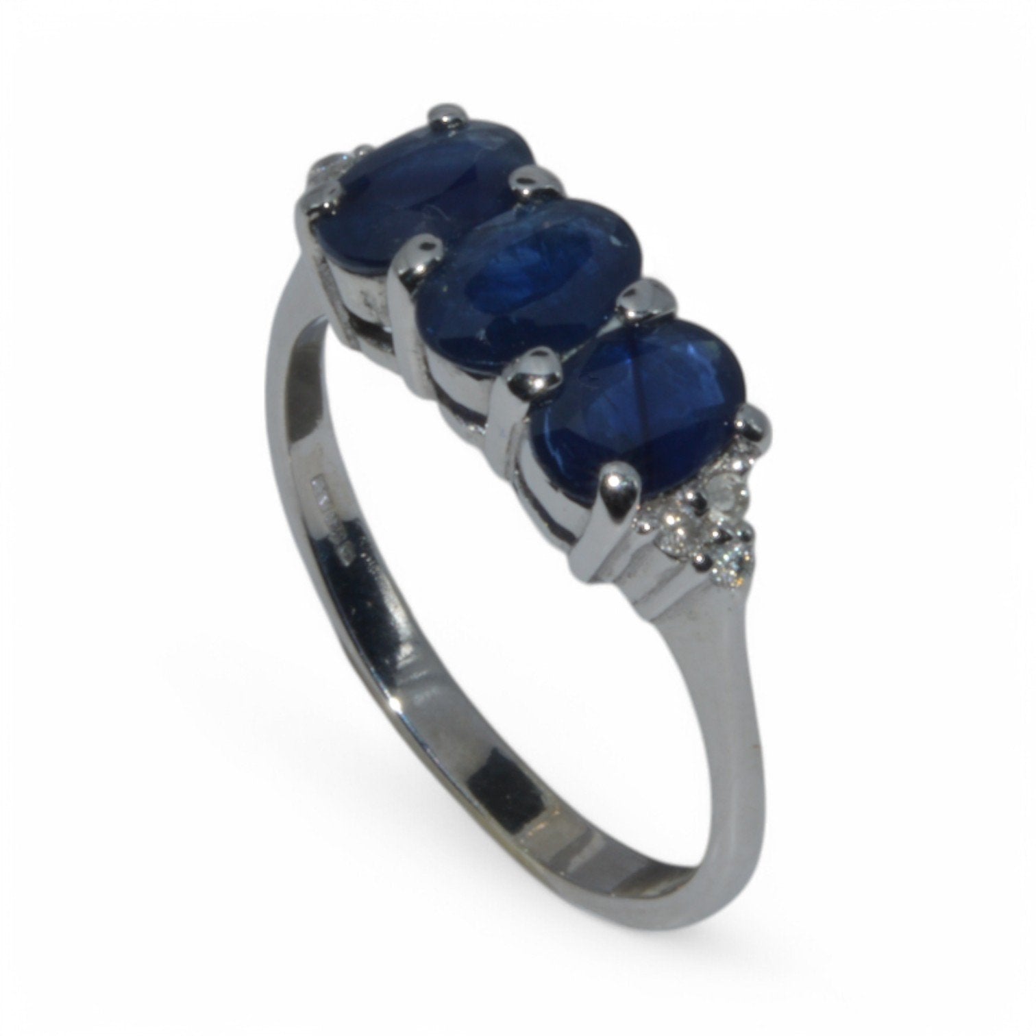 9ct White Gold - Sapphire Trilogy & Diamond Ring upright tilt