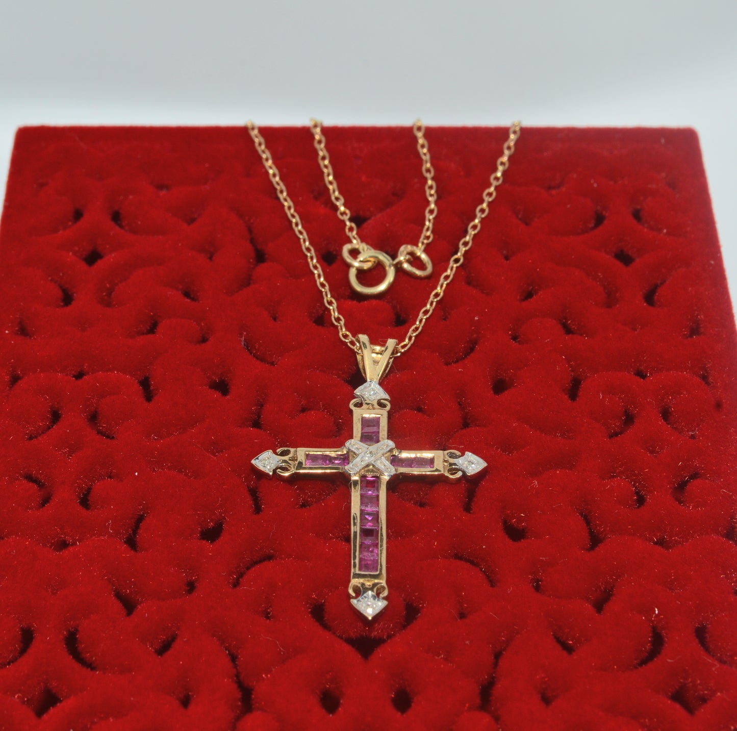 9ct Gold - Ruby & Diamond Cross Necklace clasp top