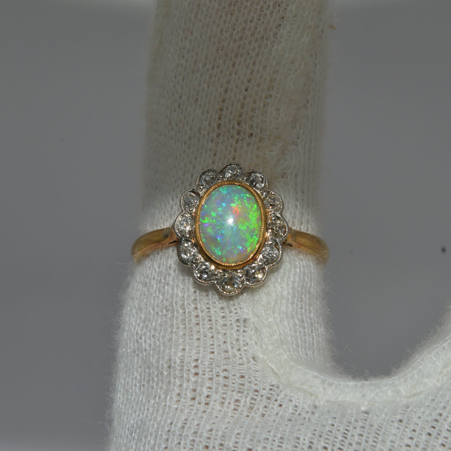 19th Century - 18ct Gold Opal & Diamond Cluster Ring finger top down
