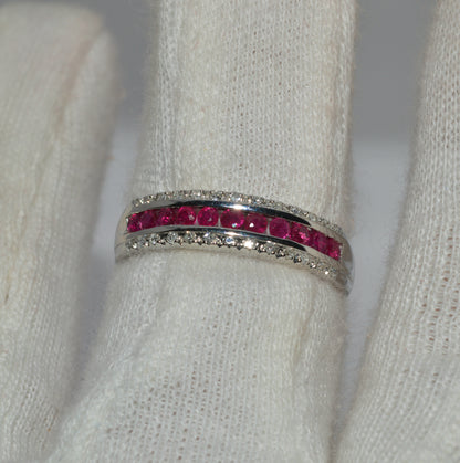 9ct White Gold - Ruby & Diamond Half Eternity Ring finger top down