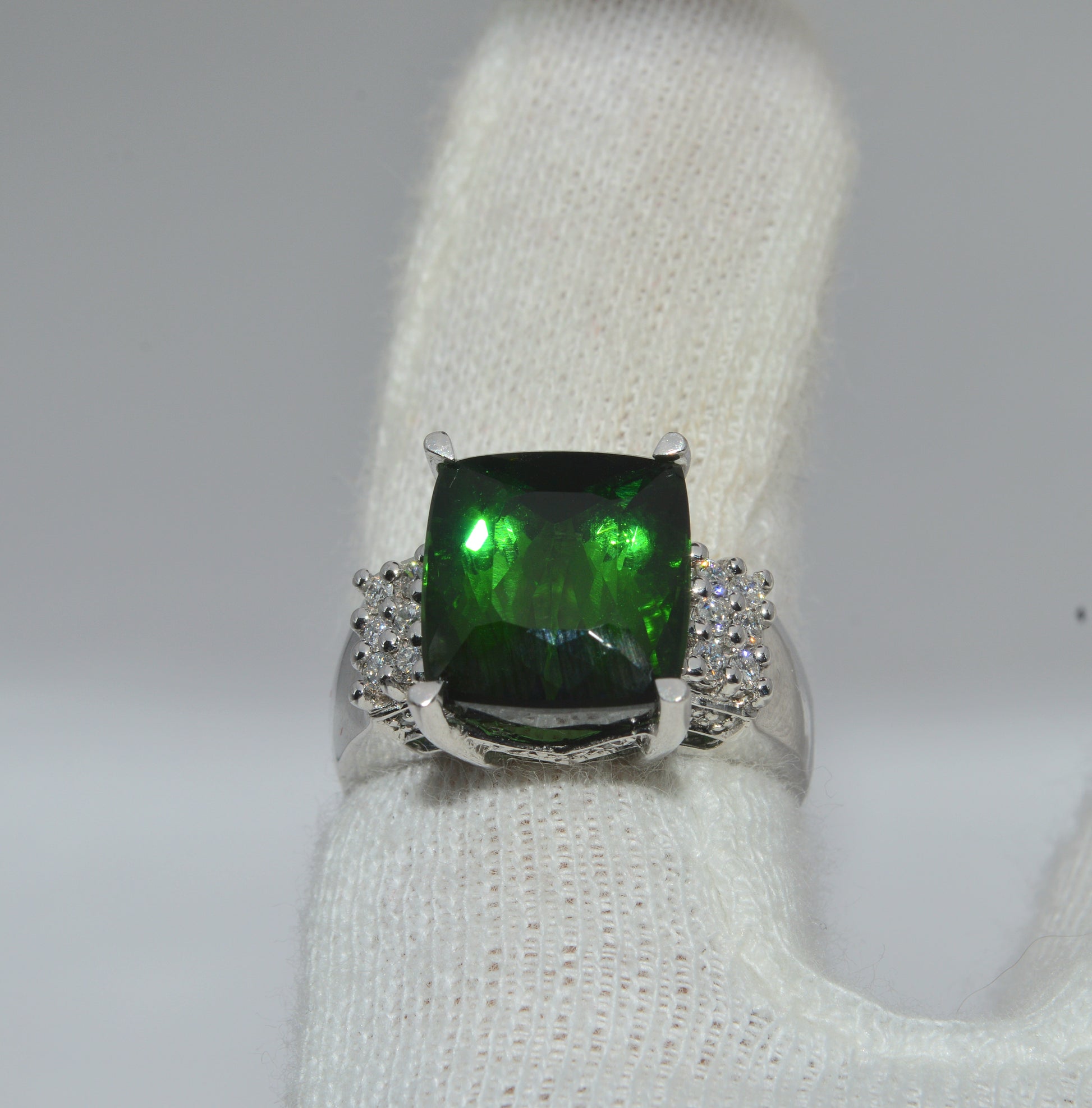 18ct White Gold - Large Tourmaline & Diamond Cocktail Ring finger top down