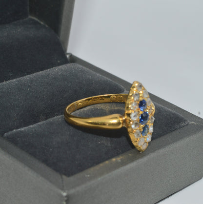 19th Century - 18ct Gold Sapphire & Diamond Navette Ring hallmarks
