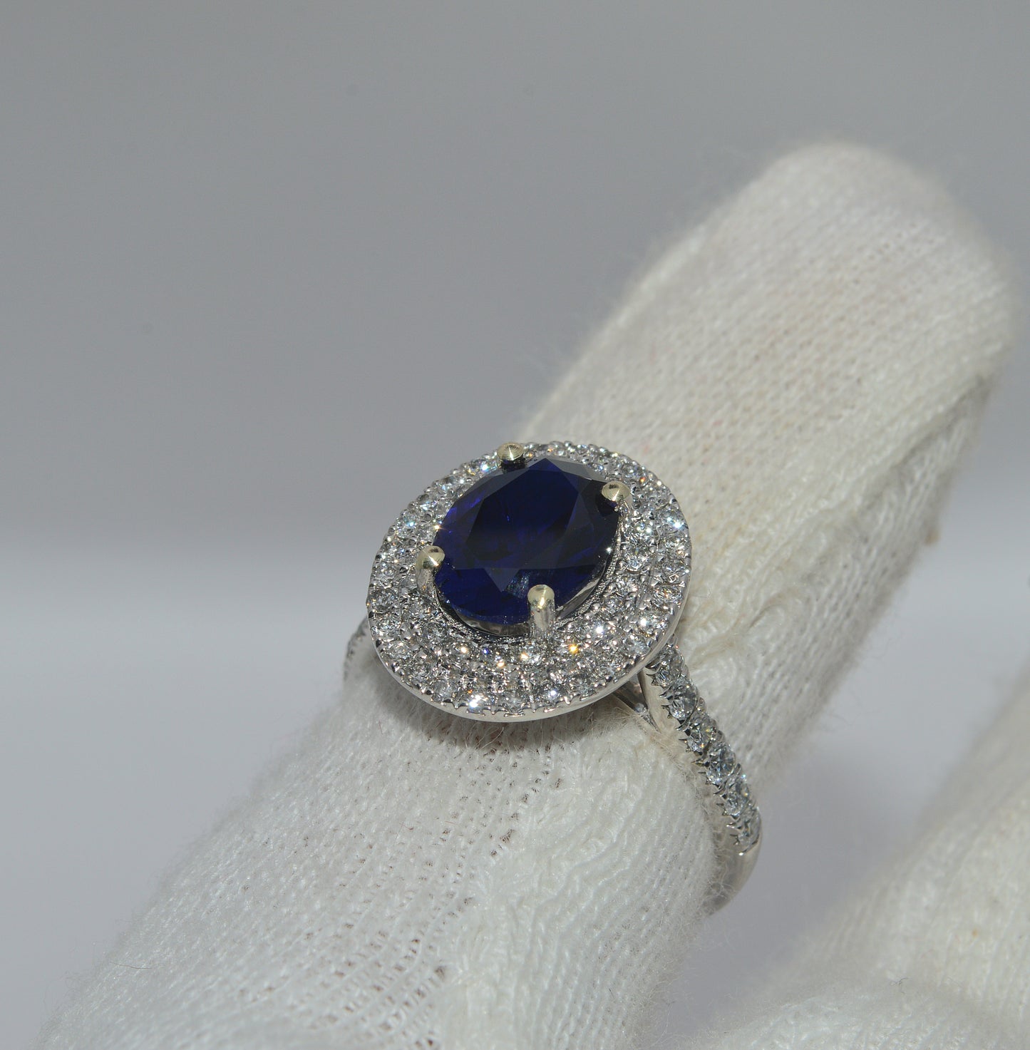 9ct White Gold - Sapphire & Diamond Double Row Cluster Ring finger left