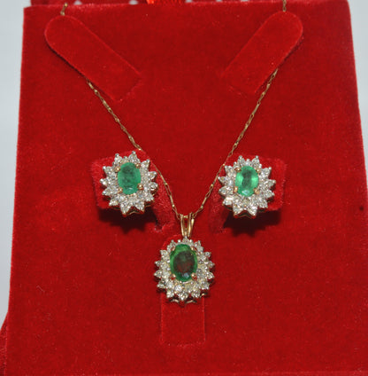 9ct Gold - Emerald & Diamond Cluster - Earrings & Necklace Set far