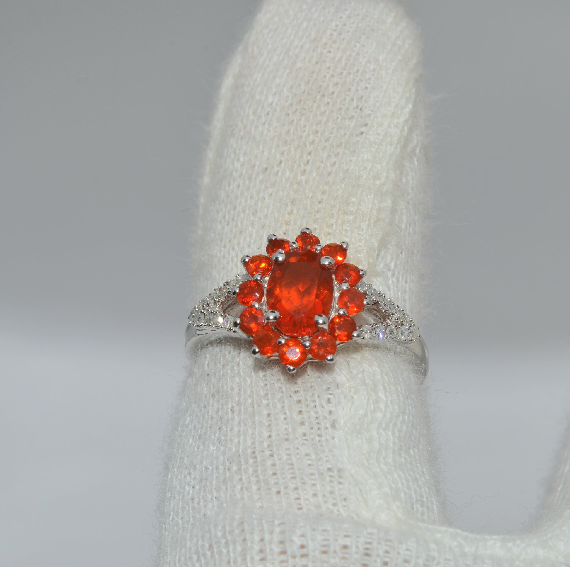 9ct White Gold - Fire Opal & Diamond Ring finger top down