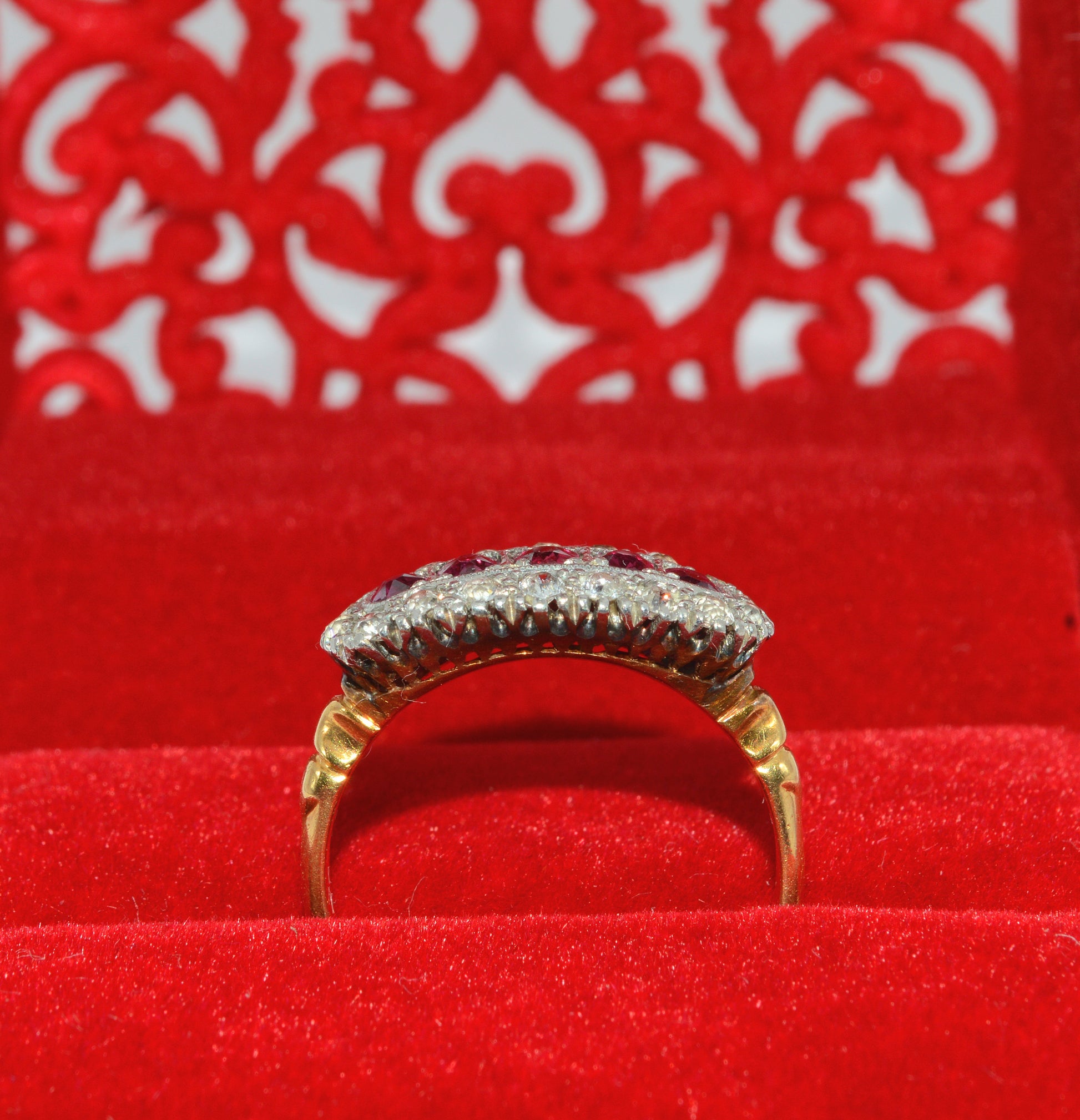 Edwardian Era - Antique 1908 - 18ct Gold Ruby & Diamond Ring upright front