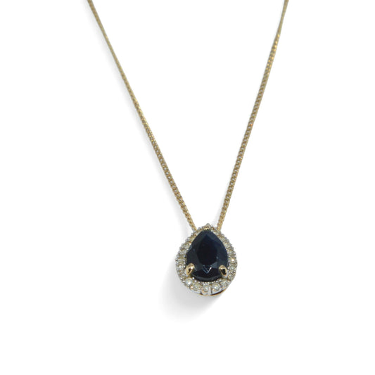 9ct Gold - Pear Cut Sapphire & Diamond Cluster Necklace front