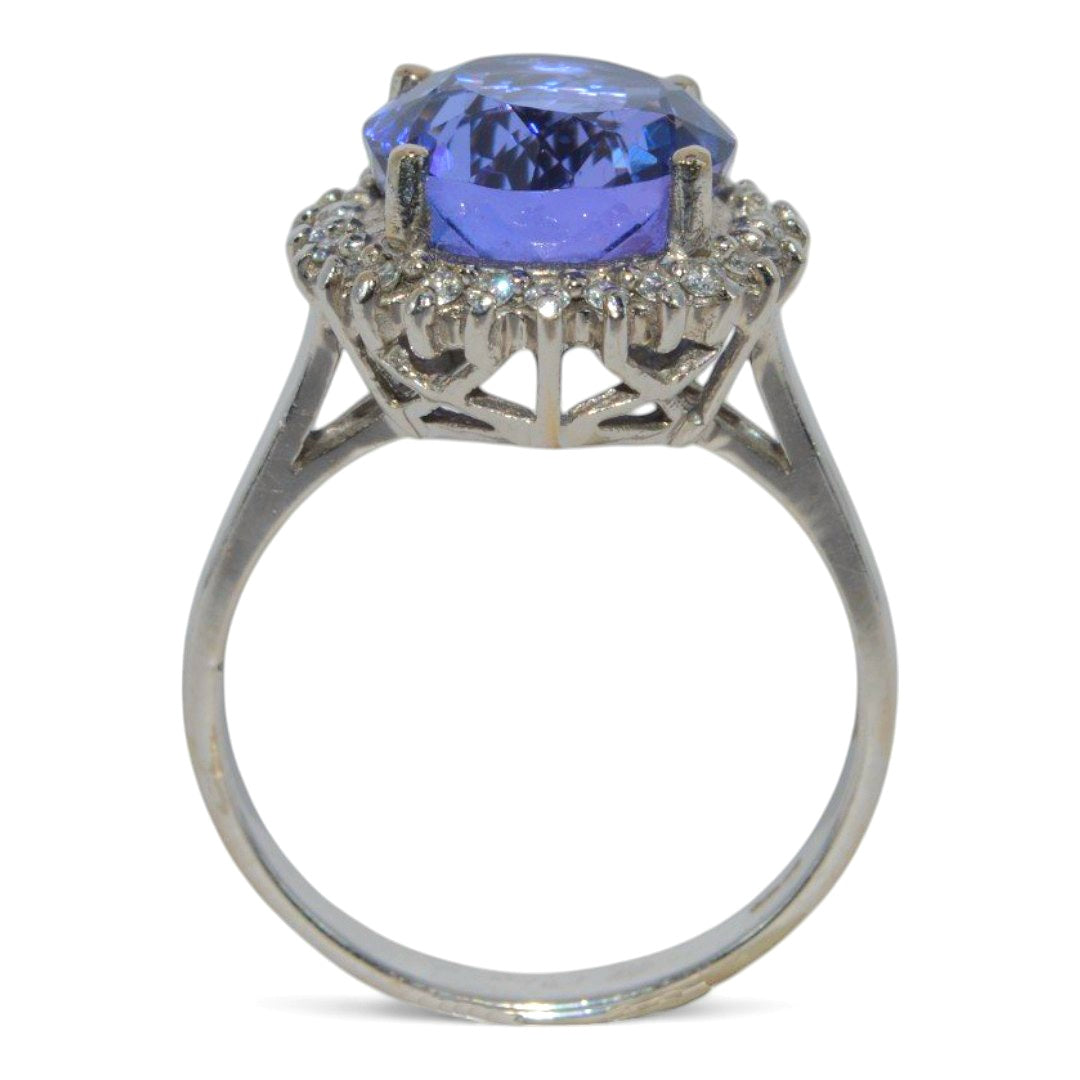 18ct White Gold - 4.5ct Tanzanite & Diamond Cluster Ring upright front