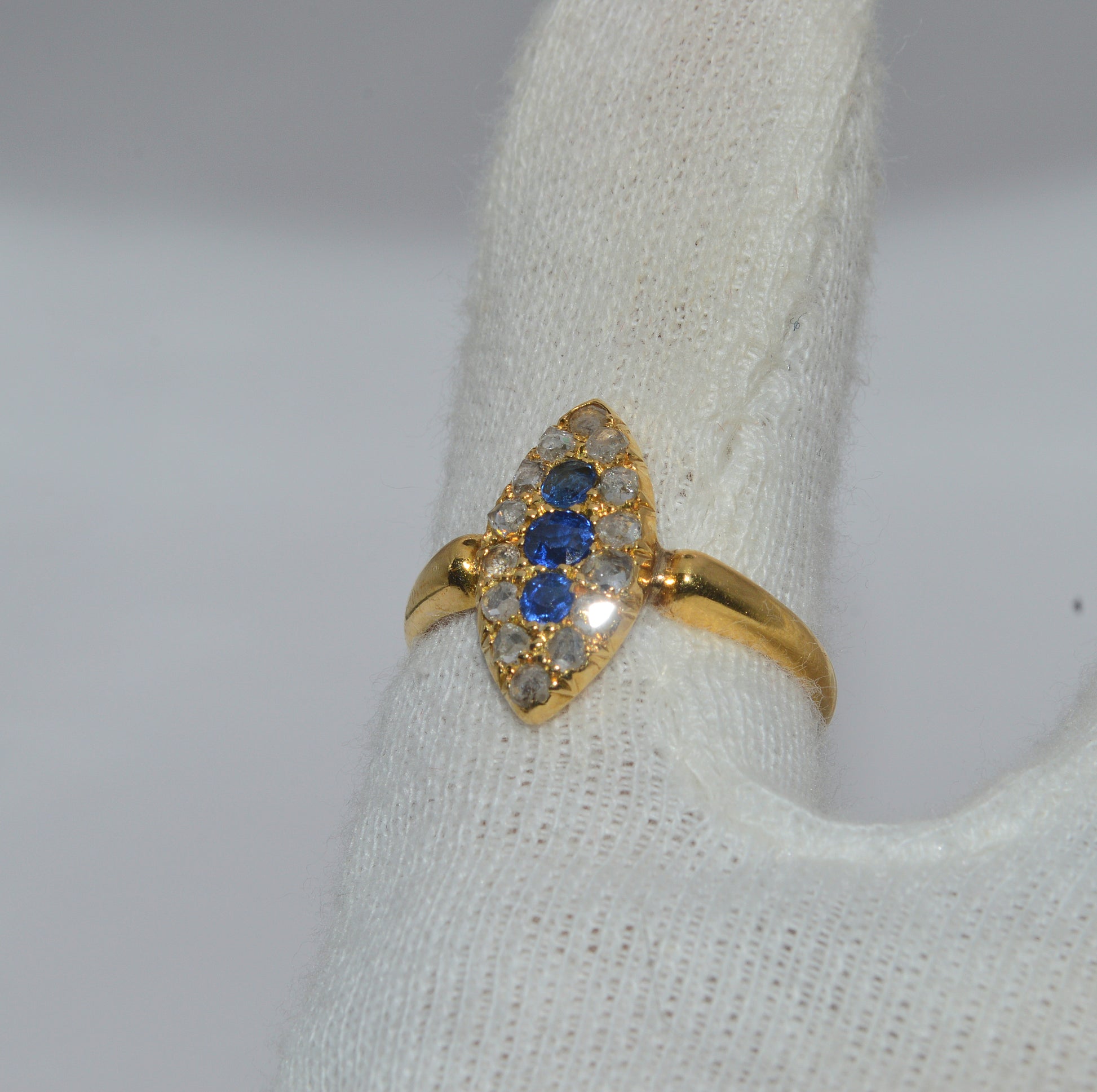 19th Century - 18ct Gold Sapphire & Diamond Navette Ring finger 2 left