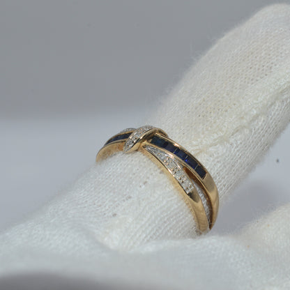 9ct Gold - Sapphire & Diamond Crossover Ring finger left