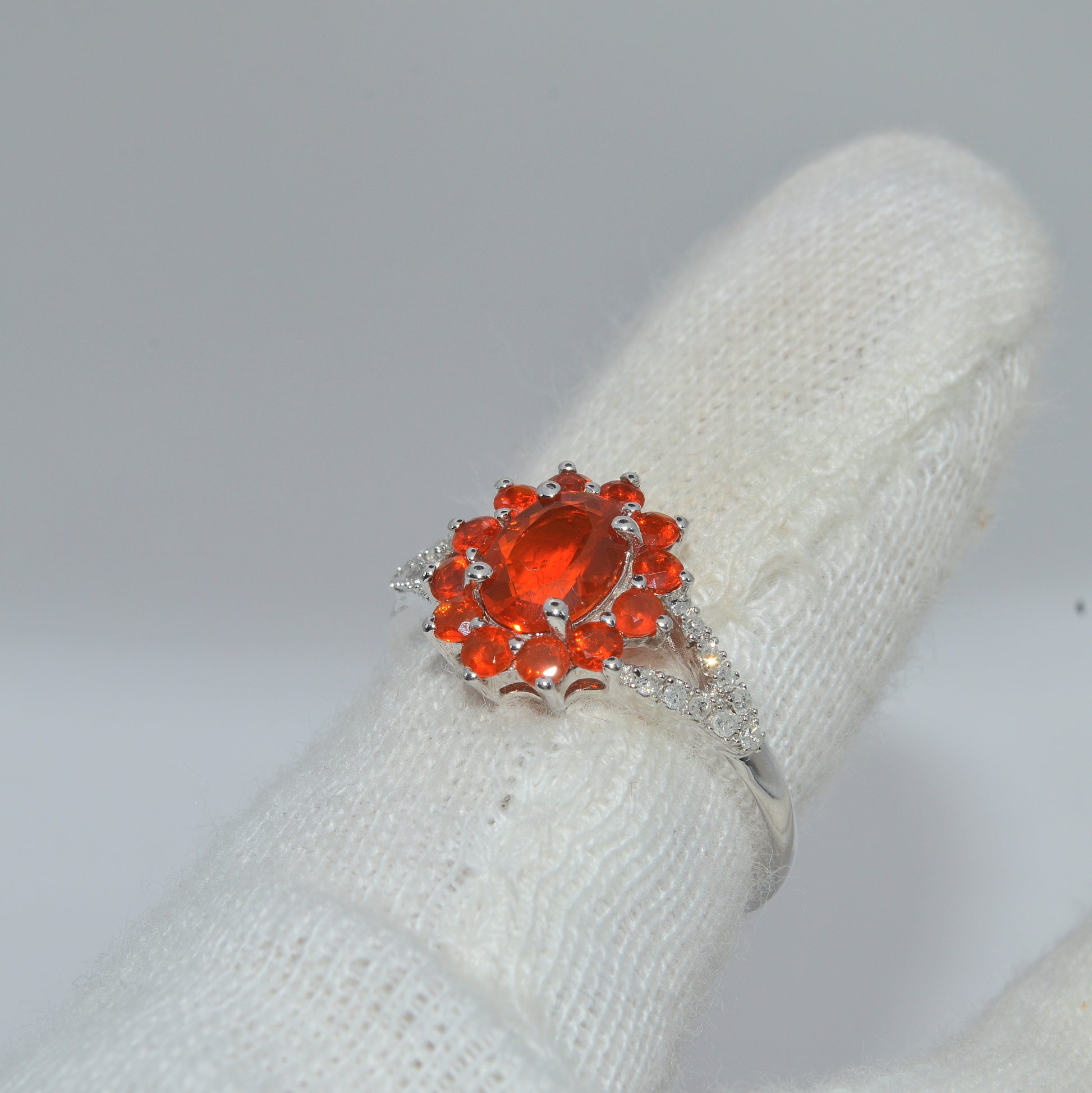 9ct White Gold - Fire Opal & Diamond Ring finger lft