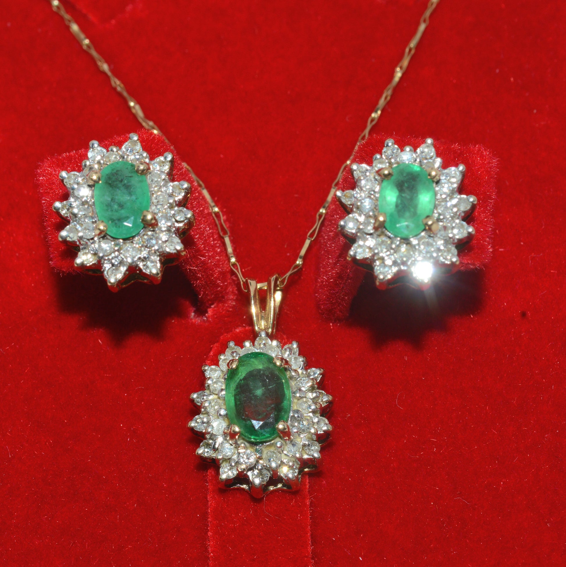 9ct Gold - Emerald & Diamond Cluster - Earrings & Necklace Set front