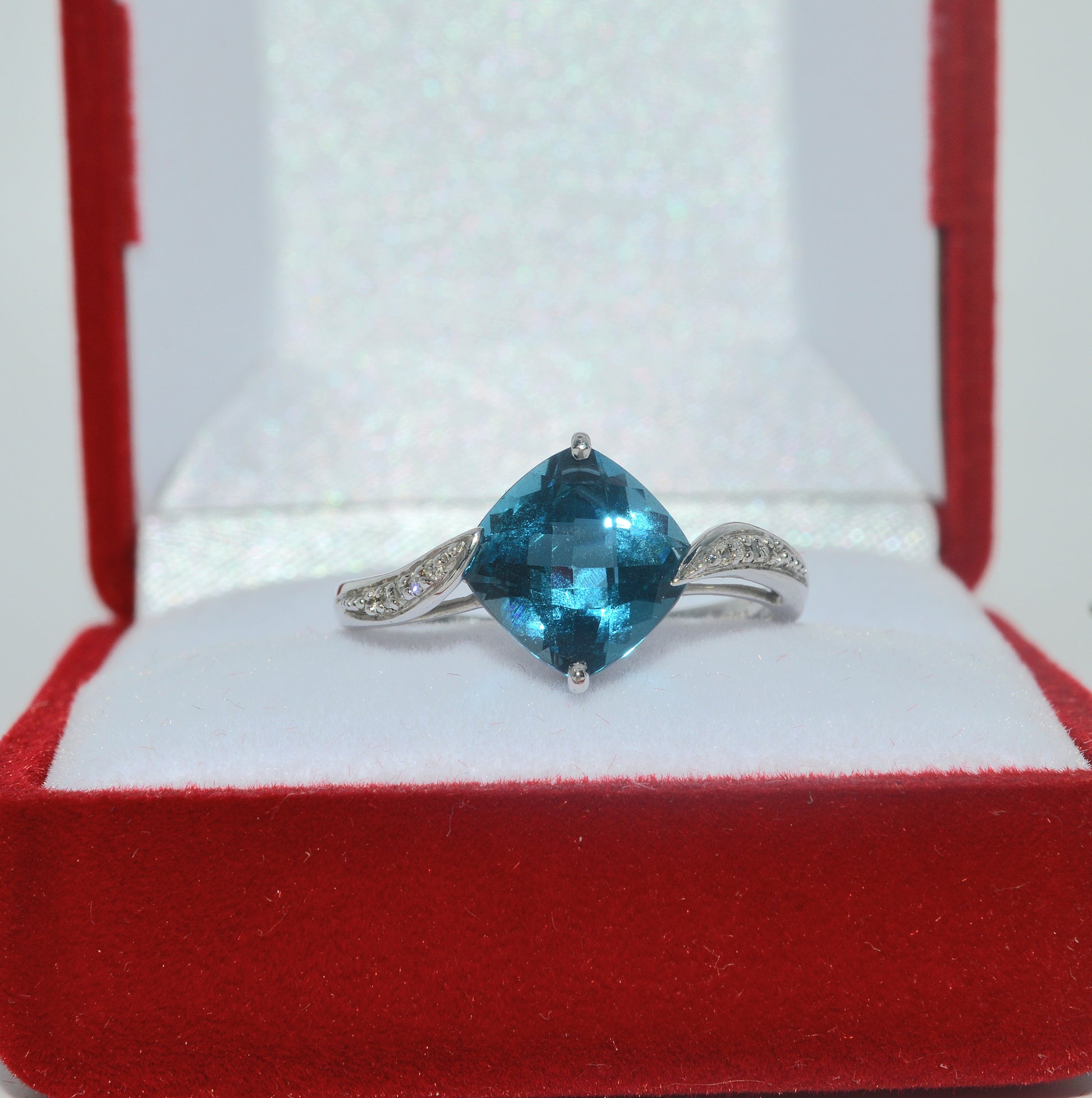 9ct White Gold - Blue Topaz & Diamond Ring front 1